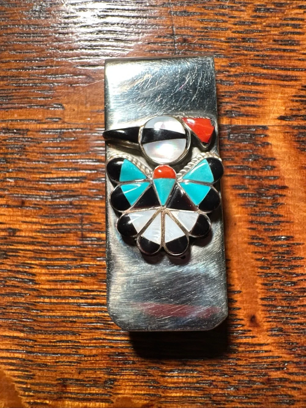 VTG Native American Sterling Silver MOP Turquoise Peyote Water Bird Money Clip